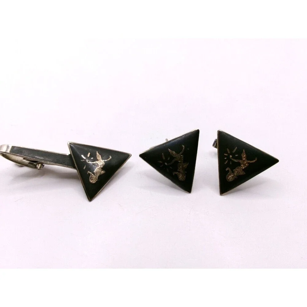 Vintage SIAM Sterling Cufflinks & Tie Clip Bali Dancer Black & Silver Triangles